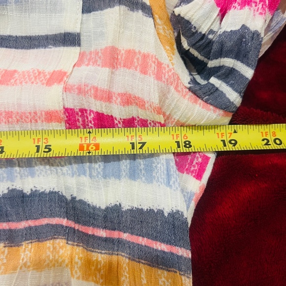 Zac Rachel colorful Striped Long Roll Tab Sleeve V neck Button Top Blouse size L - Picture 9 of 11